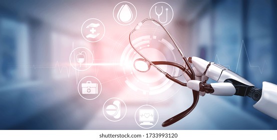 3D Rendering Medical Artificial Intelligence Robot Working In Future Hospital. Futuristic Prosthetic Healthcare For Patient And Biomedical Technology Concept.