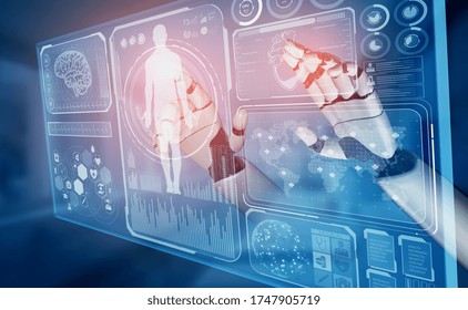 3D Rendering Medical Artificial Intelligence Robot Working In Future Hospital. Futuristic Prosthetic Healthcare For Patient And Biomedical Technology Concept.