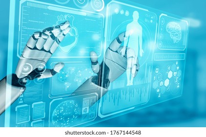 3D Rendering Medical Artificial Intelligence Robot Working In Future Hospital. Futuristic Prosthetic Healthcare For Patient And Biomedical Technology Concept.