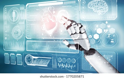 3D Rendering Medical Artificial Intelligence Robot Working In Future Hospital. Futuristic Prosthetic Healthcare For Patient And Biomedical Technology Concept.