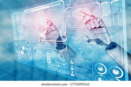 3D Rendering Medical Artificial Intelligence Robot Working In Future Hospital. Futuristic Prosthetic Healthcare For Patient And Biomedical Technology Concept.