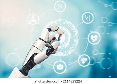 3D Rendering Medical Artificial Intelligence Droid Robot Working In Future Hospital. Futuristic Prosthetic Healthcare For Patient And Biomedical Technology Concept.