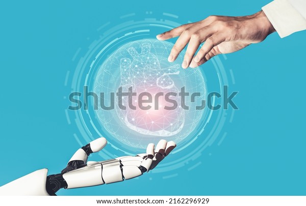 3D rendering medical\
artificial intelligence droid robot working in future hospital.\
Futuristic prosthetic healthcare for patient and biomedical\
technology concept.