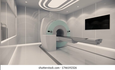 3d Rendering. Medical CT Scanner.Interior Hospital Modern Design . Various First Aid Medical Equipment In Empty Emergency Room Medical Practice Concept.4k