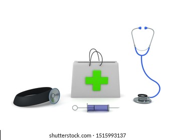 3D Rendering Of Medical Objects. First Aid Kit, Stethoscope, Doctor Head Light And Syringe. 3D Rendering Isolated On White.