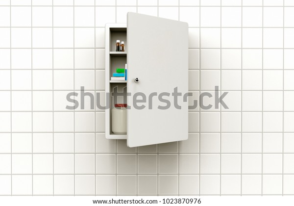 3D rendering of a medicine cabinet with open door on\
a tiled wall