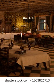 3D Rendering Of A Medieval Banquet Hall Interior