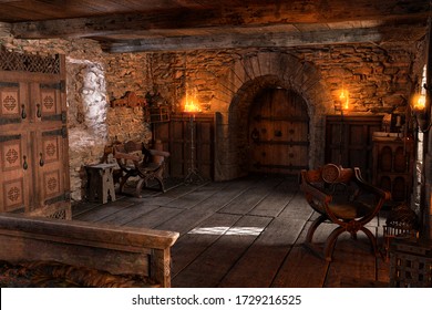 3D Rendering Of A Medieval Bedroom Interior