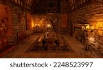 3D rendering of a medieval dining hall interior