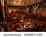 3D rendering of a medieval great hall interior