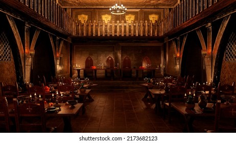 3D Rendering Of Medieval Great Hall Dining Room With Tables Set For A Royal Feast.