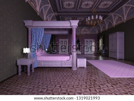 3D rendering of a medieval style palace in pastel colours