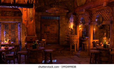 3D Rendering Of A Medieval Tavern Interior