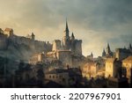 3D rendering of a medieval town with castle