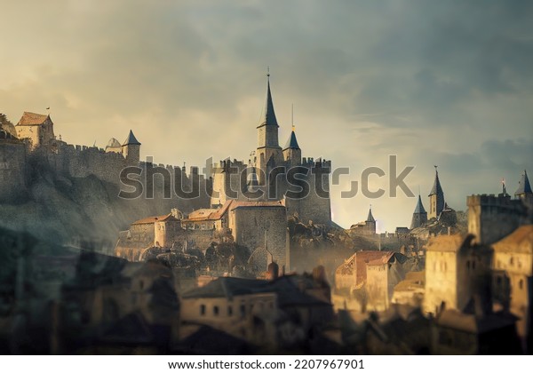3D rendering of\
a medieval town with\
castle