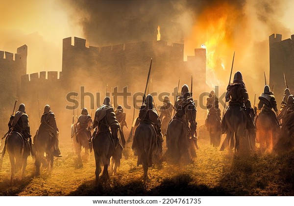 3D\
rendering of medieval warriors on a castle\
siege