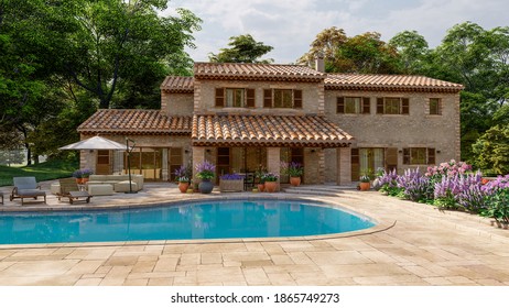 3D Rendering Of A Mediterranean Style Villa With Pool And Garden