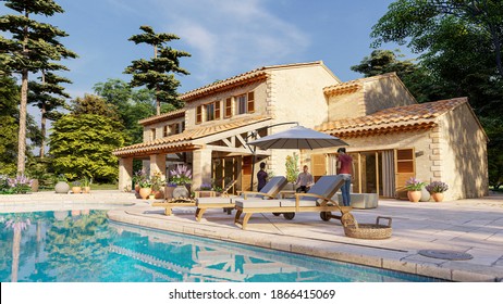 3D Rendering Of A Mediterranean Style Villa With Pool And Garden