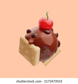 3d Rendering Of Melted Chocolate Ice Cream Sandwich Icon Illustration With Cherry On Top