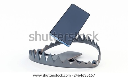 3d rendering of a metal bear trap and smartphone on the black background