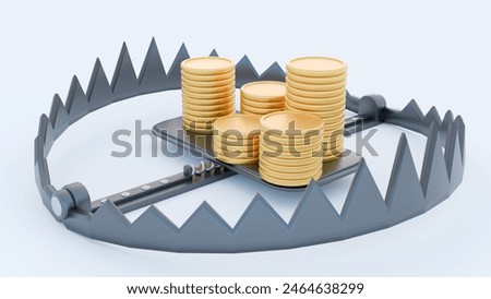 3d rendering of a metal bear trap and pile of gold coins 