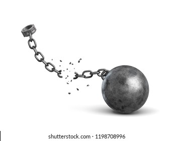 3d rendering of a metal shackle and an iron ball disconnected because of a broken chain. Caught and freed. Removing all burdens. Free to go.