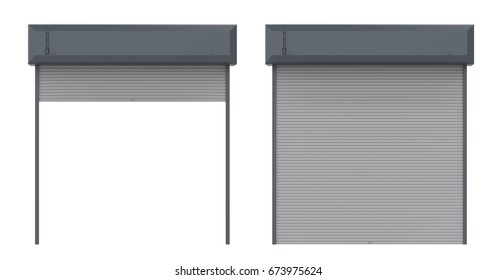 3d Rendering Metal Shutter Door Open And Close Isolated On White