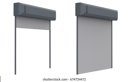 3d Rendering Metal Shutter Door Open And Close Isolated On White