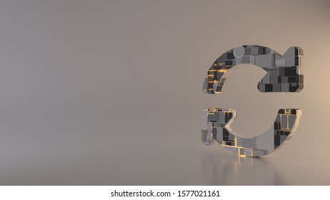 3d rendering metal techno rectangular geometric greeble symbol of upload circular arrows icon with glowing lines with blurred reflection floor on light background
