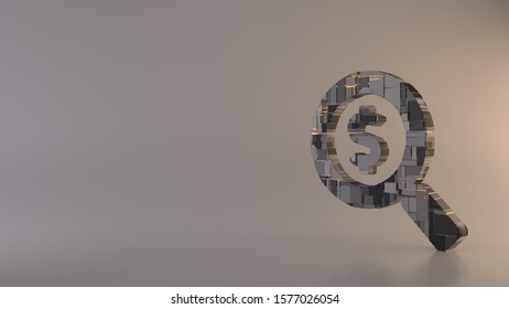 3d rendering metal techno rectangular geometric greeble symbol of magnifying glass with dollar icon with glowing lines with blurred reflection floor on light background