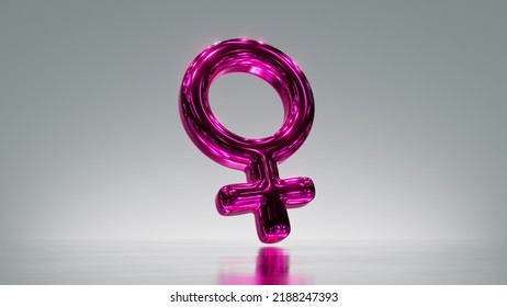 3d Rendering. Metallic Female Gender Symbol, Pink Venus Sign, Feminist Clip Art Isolated On Silver Background. Shiny Glass Icon