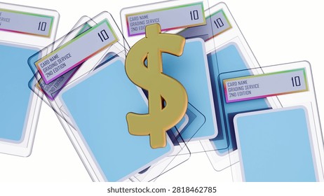 A 3D rendering of metallic gold dollar sign and several sealed graded trading card slabs. Authenticated trading cards as alternative tangible assets.
