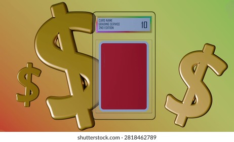 A 3D rendering of metallic gold dollar sign and several sealed graded trading card slabs. Authenticated trading cards as alternative tangible assets.