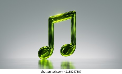 3d Rendering. Metallic Green Notes, Musical Symbol, Audio Sign, Music Clip Art Isolated On Silver Background. Shiny Glass Icon