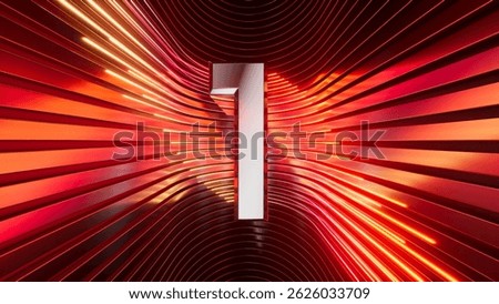 3D rendering of a metallic number one with curved red neon lines on a background. Futuristic digit 1