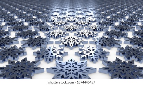 3d rendering of metallic snowflakes background with defocused horizon in detail