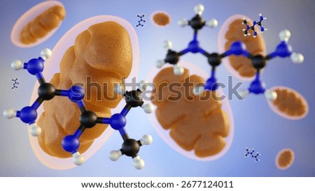 A 3d rendering of metformin, a small molecule, is actively transported into the mitochondria of liver cells. There, it targets the electron transport chain, which reduces ATP production.