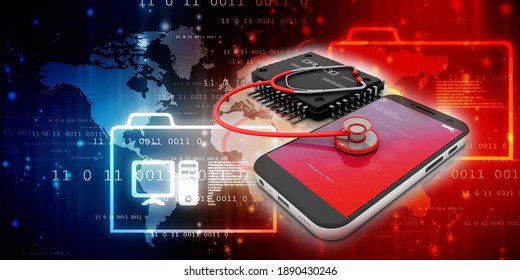 3d rendering microchips with mobile phone protected stethoscope