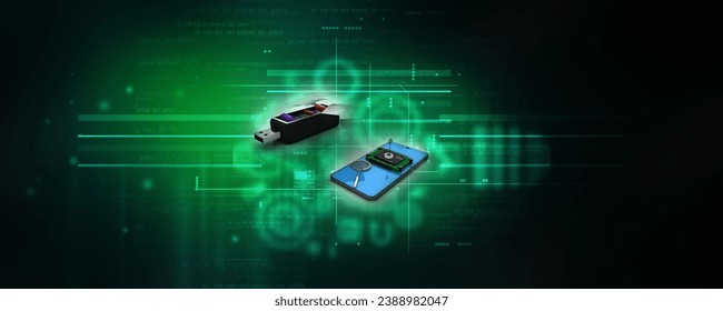 
3d rendering microchips on mobile phone with office file in pen drive