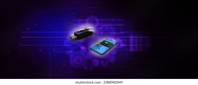 
3d rendering microchips on mobile phone with office file in pen drive