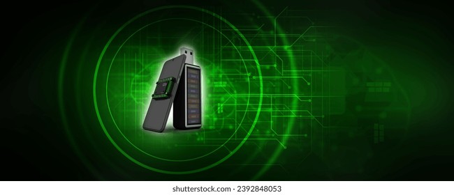 3d rendering microchips on mobile phone with office file in pen drive