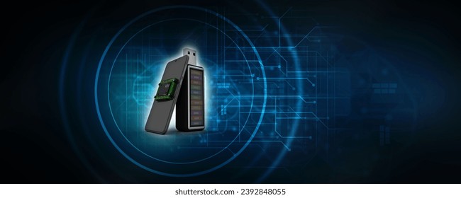 3d rendering microchips on mobile phone with office file in pen drive