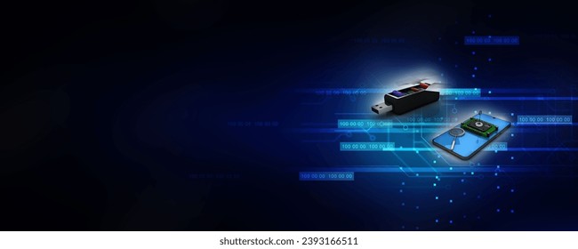 3d rendering microchips on mobile phone with office file in pen drive