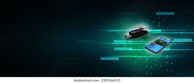 3d rendering microchips on mobile phone with office file in pen drive