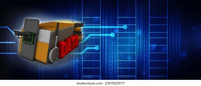 3d rendering microchips on mobile phone protection CCTV camera near folder
