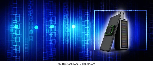 3d rendering microchips on mobile phone search concept with office file in pen drive