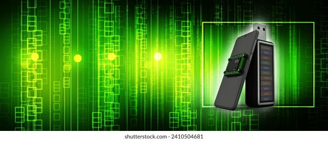3d rendering microchips on mobile phone search concept with office file in pen drive