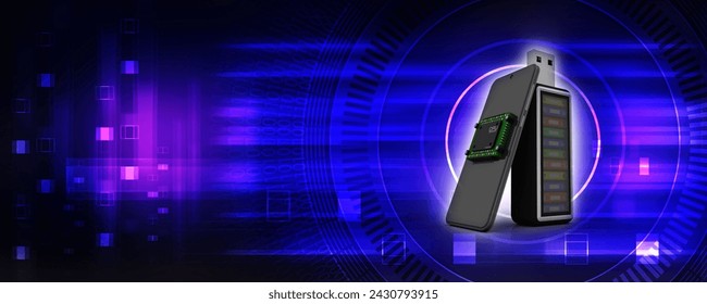 3d rendering microchips on mobile phone with office file in pen drive