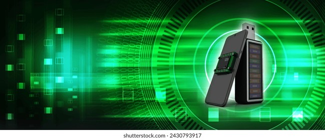 3d rendering microchips on mobile phone with office file in pen drive