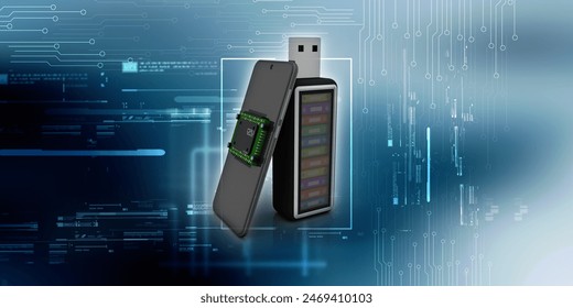 3d rendering microchips on mobile phone search concept with office file in pen drive